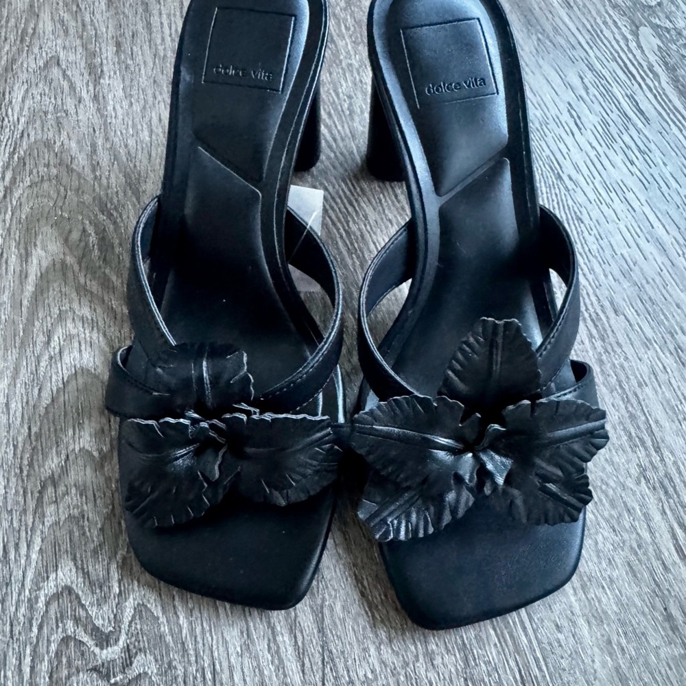 Dolce Vita Black Leather Floral Block Heel Sandals